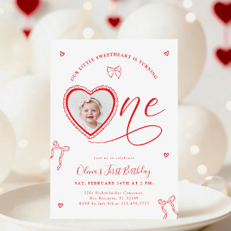 Coquette Heart First Birthday Invitation Einladung