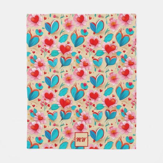 Coquette Herz und Blume Creme Monogramm Fleecedecke (Vorderseite)