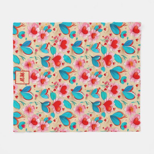 Coquette Herz und Blume Creme Monogramm Fleecedecke (Vorderseite (Horizontal))