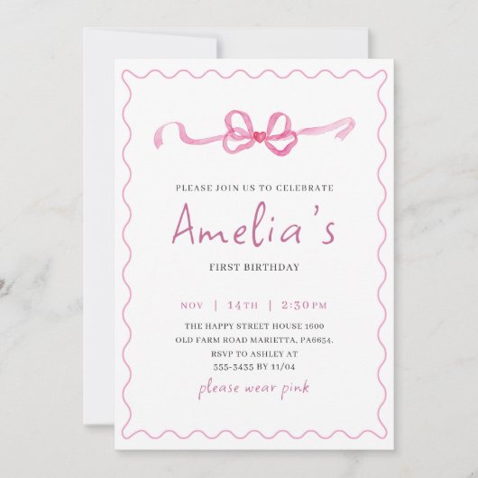 Coquette Invitation for Birthday Girl Bow Party Einladung (Vorderseite)