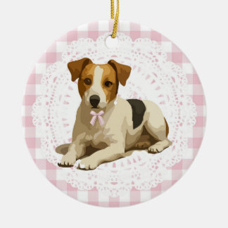 Coquette Jack Russel Terrier Dog Pink Gingham Bows Keramik Ornament