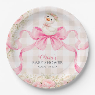 Coquette Little Goose Pink Bow Girl Baby Shower Pappteller