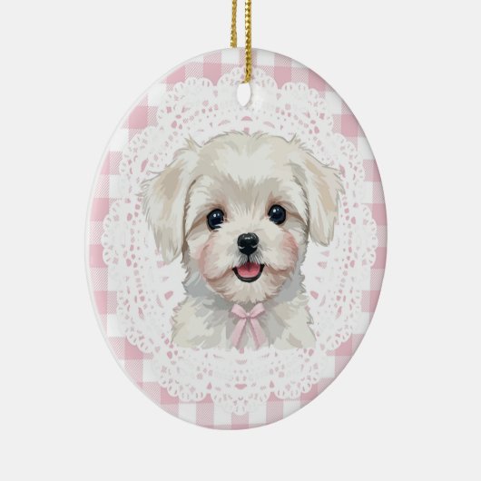 Coquette Maltese Dog Pink Gingham Bows Keramik Ornament (Rechts)
