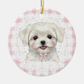Coquette Maltese Dog Pink Gingham Bows Keramik Ornament (Vorne)