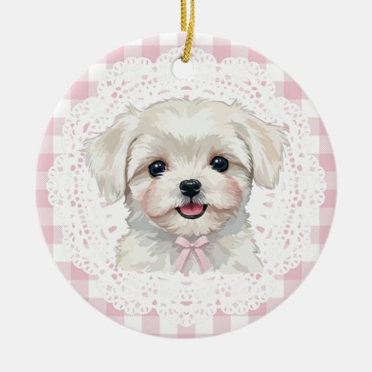 Coquette Maltese Dog Pink Gingham Bows Keramik Ornament (Vorne)