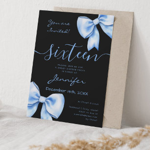 Coquette Navy Blue Bow Sweet 16 Birthday Black Einladung