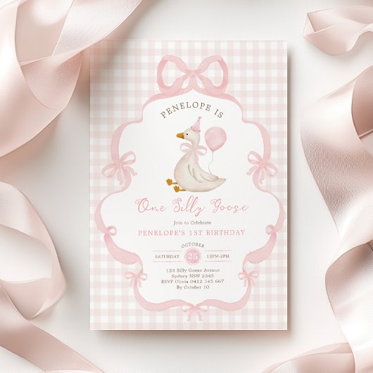 Coquette One Silly Goose Pink Bow 1st Birthday Einladung