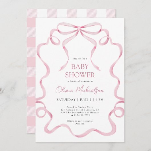 Coquette Pink Blush Ribbon Karierte Frame Baby Dus Einladung (Vorne/Hinten)