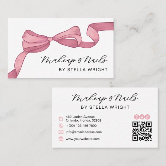 Coquette Pink Bow Beauty QR Code Visitenkarte (Vorne/Hinten)