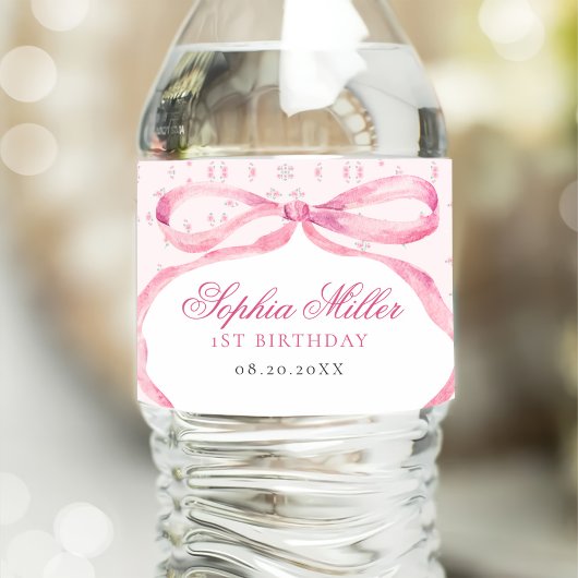Coquette Pink Bow Birthday Wasserflaschenetikett
