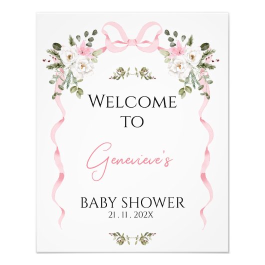 Coquette Pink Bow Blumenblütendusche Begrüßungszei Fotodruck (Vorne)