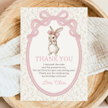 Coquette Pink Bow Bunny Birthday Thank You Card