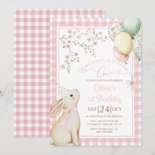 Coquette Pink Bow Bunny Rabbit Girl 1st Birthday Einladung (Vorne/Hinten)