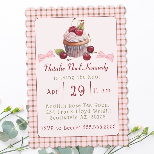 Coquette Pink Bow Cherry Cake Niedliches Brautpart Einladung