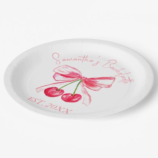 Coquette Pink Bow Cherry Junggeselinnen-Abschied Pappteller (Schrägansicht)