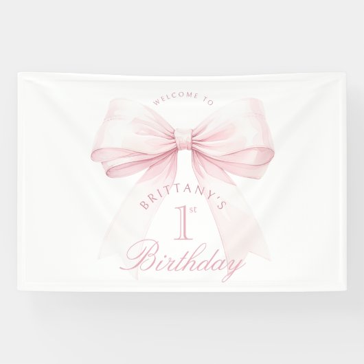 Coquette Pink Bow Erster Geburtstag Banner (Horizontal)