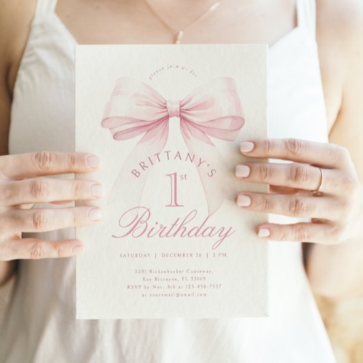 Coquette Pink Bow Erster Geburtstag Einladung