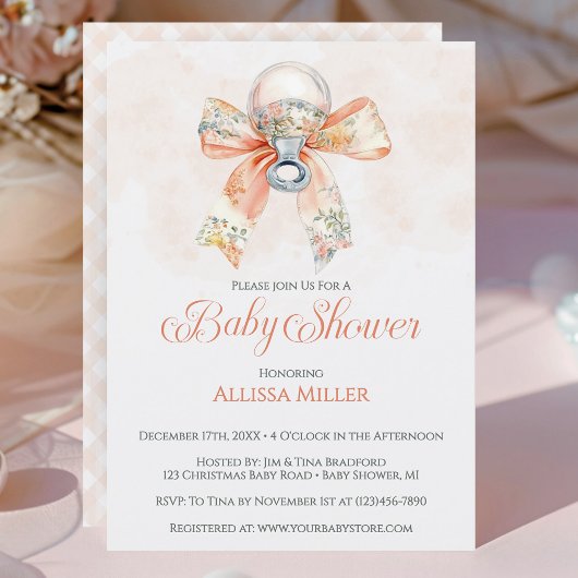 Coquette Pink Bow Gingham Girl Baby Shower Einladung