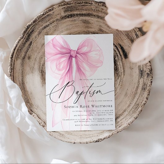 Coquette Pink Bow Girl Baptism Einladung