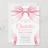  Coquette Pink Bow Girl First Birthday Invitation Einladung (Vorderseite)