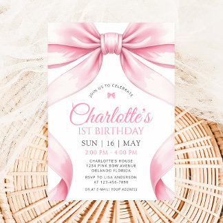 Coquette Pink Bow Girl First Birthday Invitation Einladung