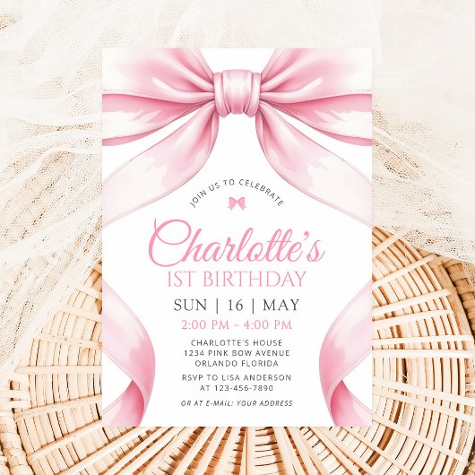 Coquette Pink Bow Girl First Birthday Invitation Einladung