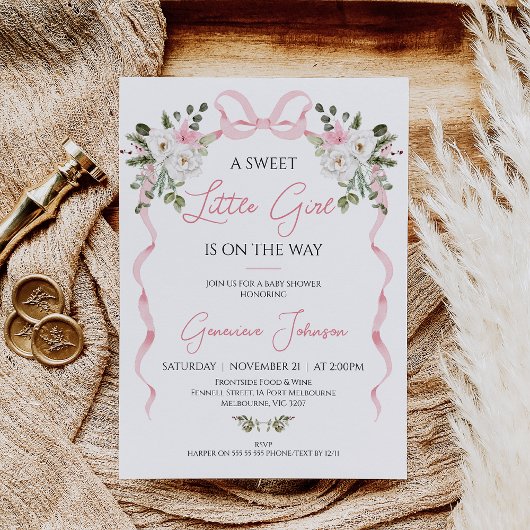 Coquette Pink Bow Girls Winter Floral Baby Dusche Einladung