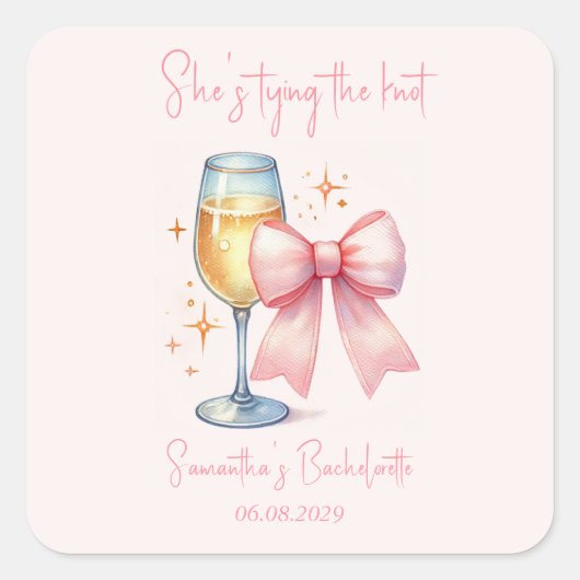 Coquette Pink Bow Junggeselinnen-Abschied Quadratischer Aufkleber (Vorderseite)