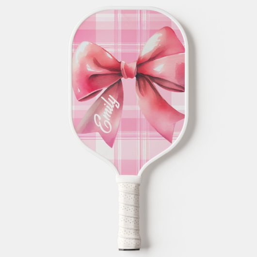 Coquette Pink Bow Karierter Name Pickleball Schläger (Vorderseite)