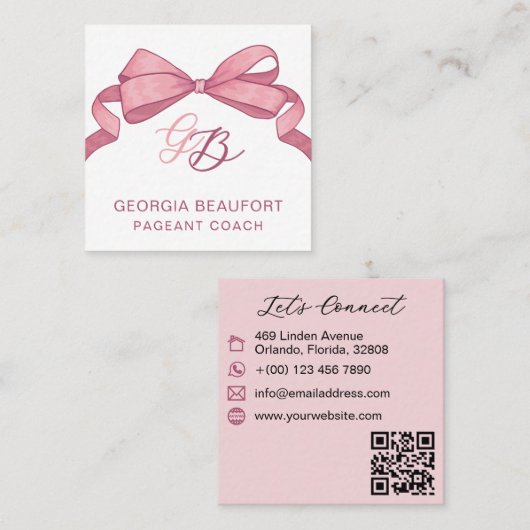 Coquette Pink Bow Monogram Schönheits-QR-Code Quadratische Visitenkarte (Vorne/Hinten)