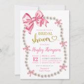 Coquette Pink Bow Pearls Bridal Dusche Einladung (Vorderseite)