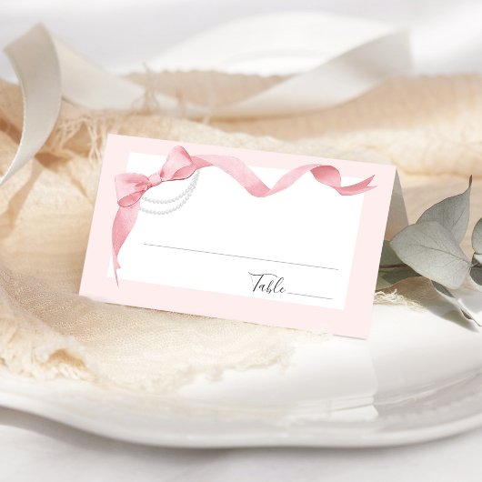 Coquette Pink Bow & Pearls Modernes Brautparty Platzkarte