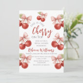 Coquette Pink Bow Red Cherry auf dem oberen Brautp Einladung (Stehend Vorderseite)
