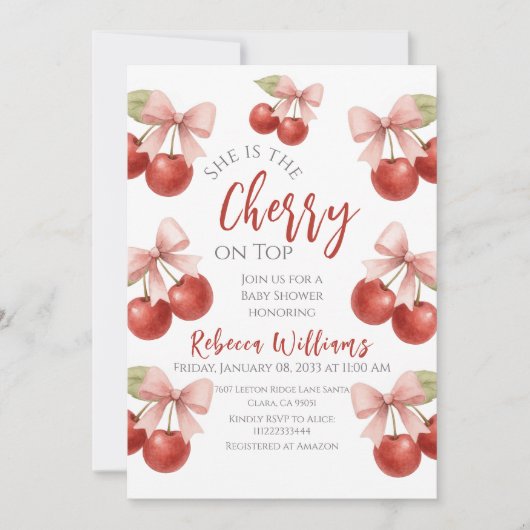 Coquette Pink Bow Red Cherry auf Top Baby Dusche Einladung (Vorderseite)