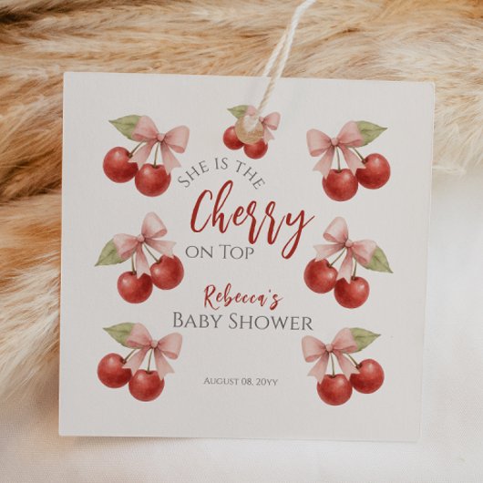 Coquette Pink Bow Red Cherry auf Top Baby Dusche Geschenkanhänger