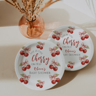 Coquette Pink Bow Red Cherry auf Top Baby Dusche Pappteller