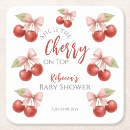 Coquette Pink Bow Red Cherry auf Top Baby Dusche Rechteckiger Pappuntersetzer