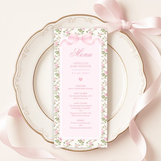 Coquette Pink Bow Roses Baby Shower Menu Einladung