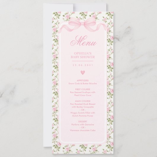 Coquette Pink Bow Roses Baby Shower Menu Einladung (Vorderseite)