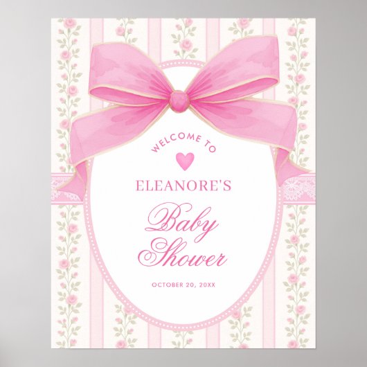 Coquette Pink Bow Roses Girl Baby Shower Welcome Poster (Vorne)