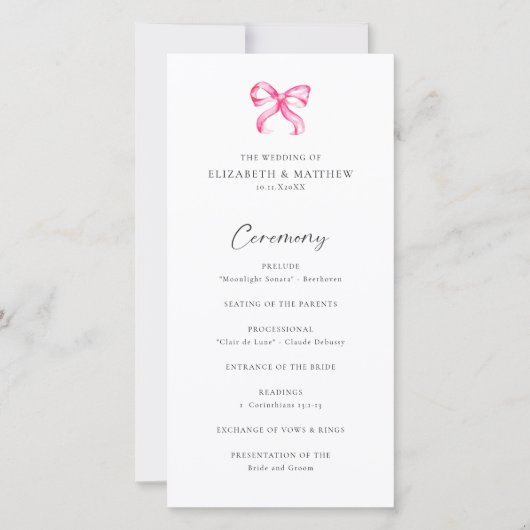 Coquette Pink Bow Simple Wedding Programm (Vorderseite)