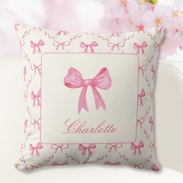 Coquette Pink Bow Throw Kissen (sweet pretty girly pink coquette bow pillow with custom name in script calligraphy, gift for girl)