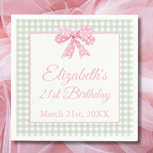 Coquette Pink Bow und Sage Gingham 21. Geburtstag Serviette