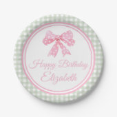 Coquette Pink Bow und Sage Gingham Birthday Pappteller (Vorderseite)