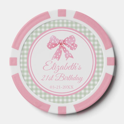 Coquette Pink Bow und Sage Gingham Birthday Pokerchips (Vorderseite)
