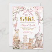 Coquette pink bow woodland animals baby shower einladung (Vorderseite)