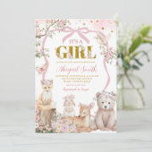 Coquette pink bow woodland animals baby shower einladung (Stehend Vorderseite)