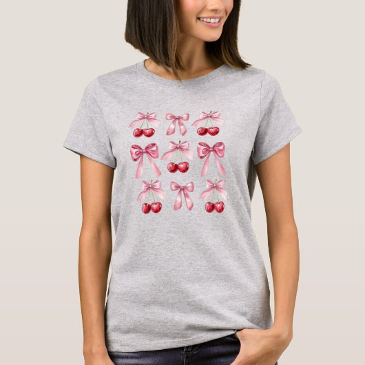 Coquette Pink Bows and Cherries Watercolor Aesthet T-Shirt (Vorderseite)