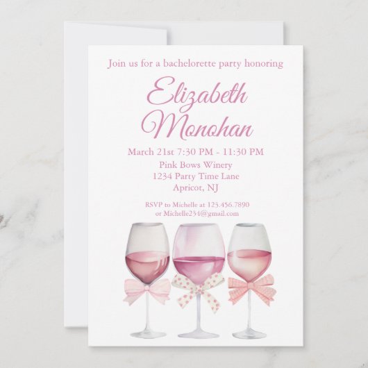 Coquette Pink Bows and Wine Bachelorette Einladung (Vorderseite)