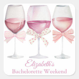 Coquette Pink Bows and Wine Bachelorette Quadratischer Aufkleber